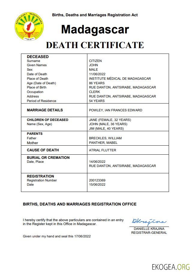 Modèle Word et PDF de certificat de décès de l'état civil de Madagascar
